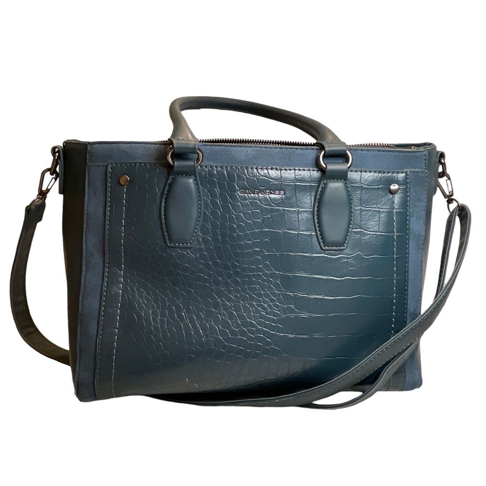 David Jones Paris Slate Blue Croc Embossed Tote | Vegan Leather & Suede